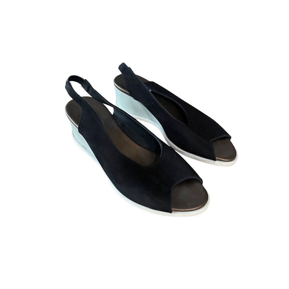 Arche Womens Black Slip On Peep Toe Leather Heels Wedge Sandals Size 37